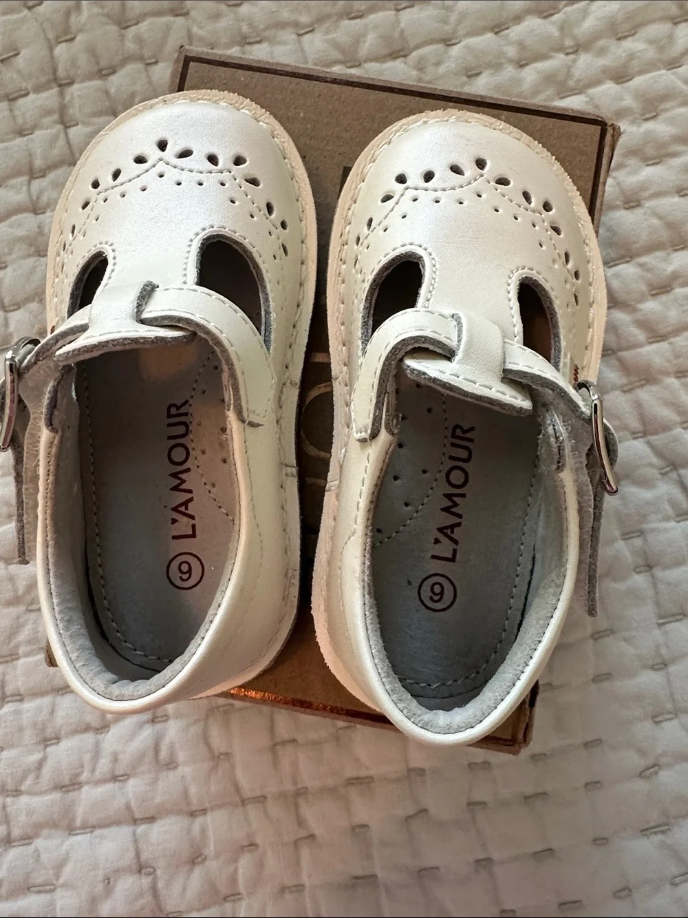 L'Amour Pearl White T-Strap Kids Dress Shoes with Perforated Detail